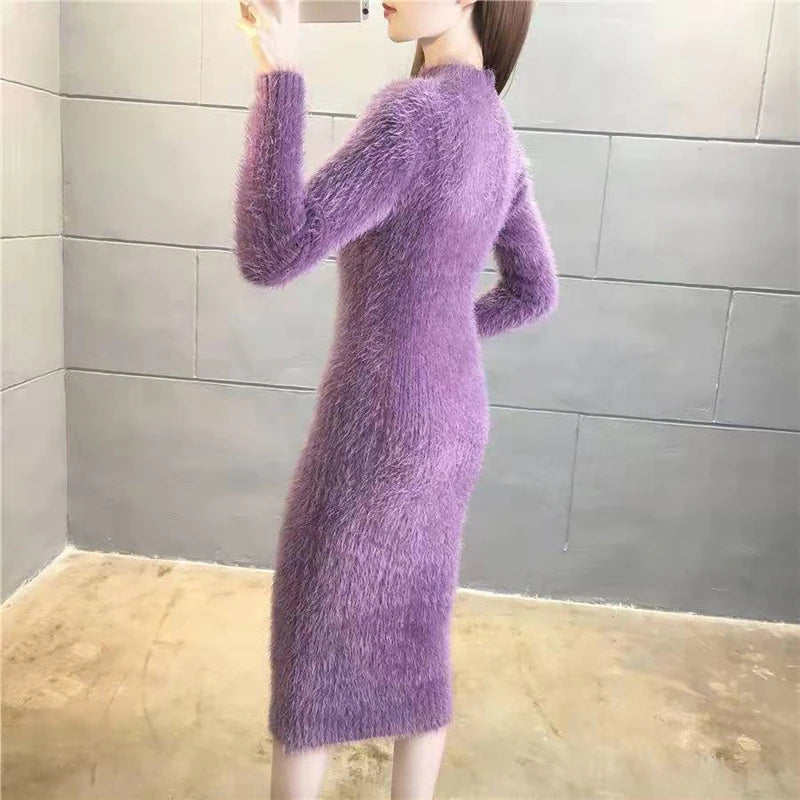 Women's Winter Clothing 2024 Imitation Mink Wool Thick Warm Turtleneck Sweater Dress Sheath Bodycon Dresses For Women Casual - Seprincess