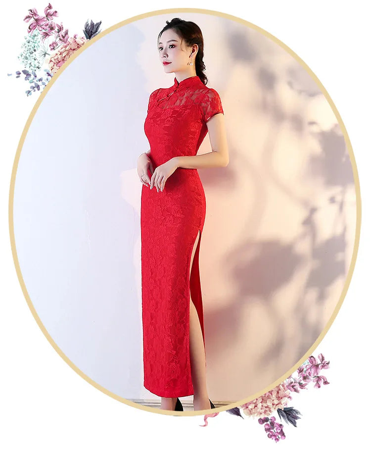 Lace Floral Perspective Collar Qipao Sexy Long Women Cheongsams Big Size 3XL 4XL 5XL Chinese Dress Grace Evening Party Vestidos - Seprincess