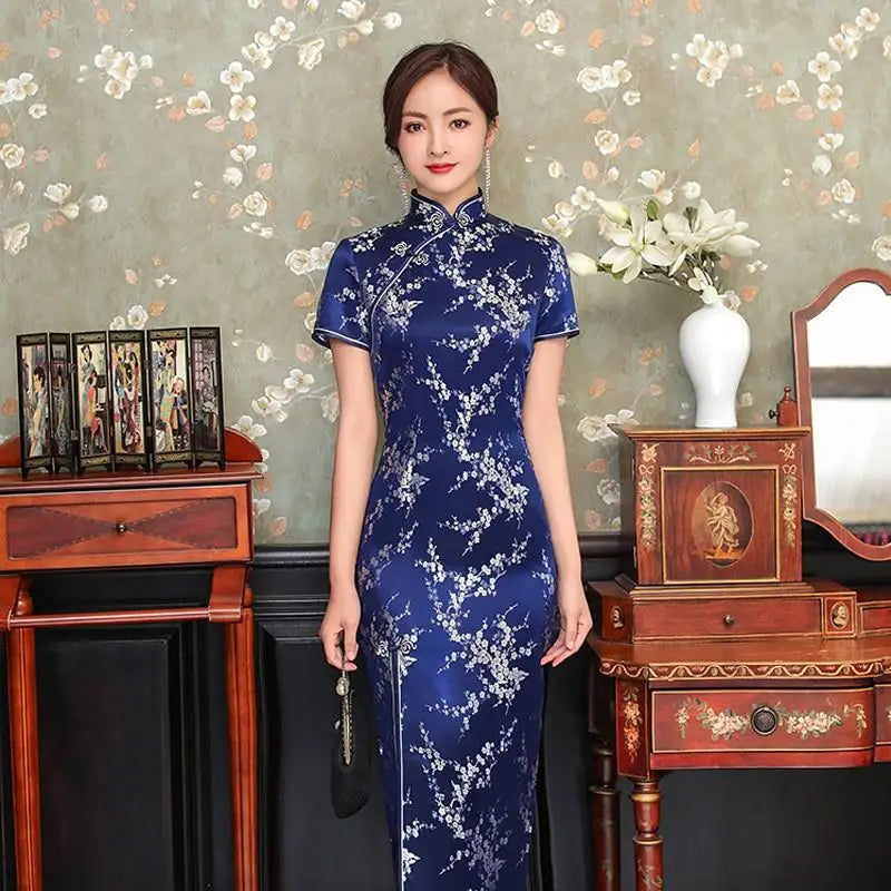 Sexy New Brocade Satin Long Fork Cheongsam Chinese Classic Women's Qipao Elegant Short Sleeve Novelty Wedding Evening Dress 4XL - Seprincess