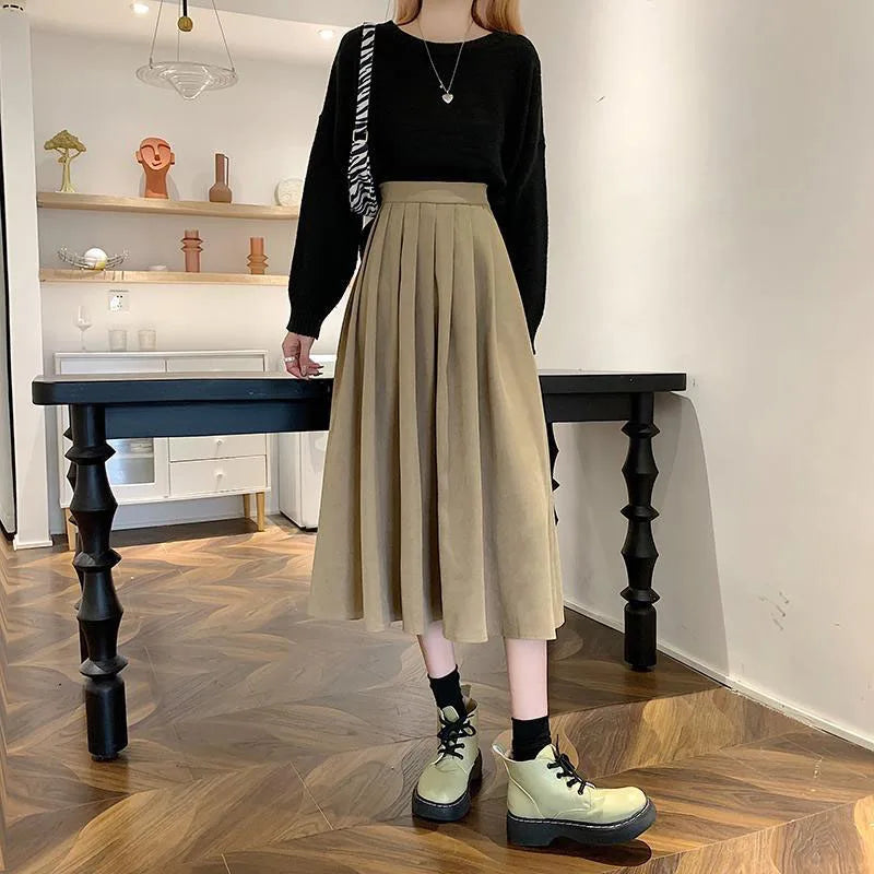 Lucyever Vintage Brown High Waist Pleated Skirt Women Korean Fashion College Style Long Skirt Ladies Autumn Casual A line Skirts - Seprincess