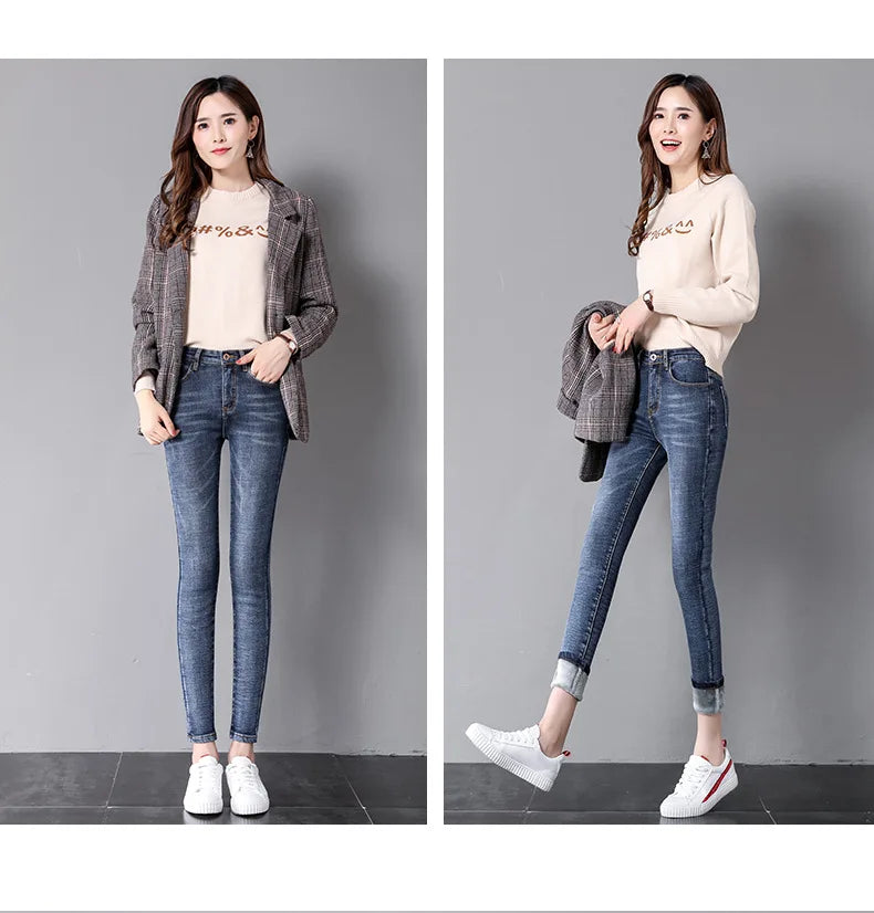 Women Ladies High Waist Fleece Lined Jeans Winter Solid Color Keep Warm Casual Wild Slim Stretch Pants Trousers with Pockets