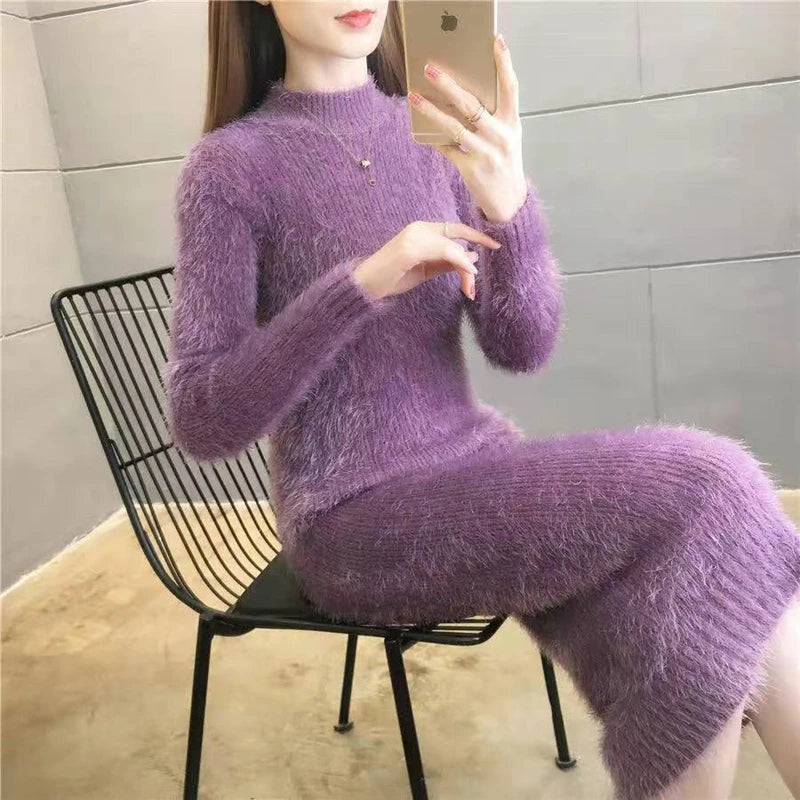 Women's Winter Clothing 2024 Imitation Mink Wool Thick Warm Turtleneck Sweater Dress Sheath Bodycon Dresses For Women Casual - Seprincess