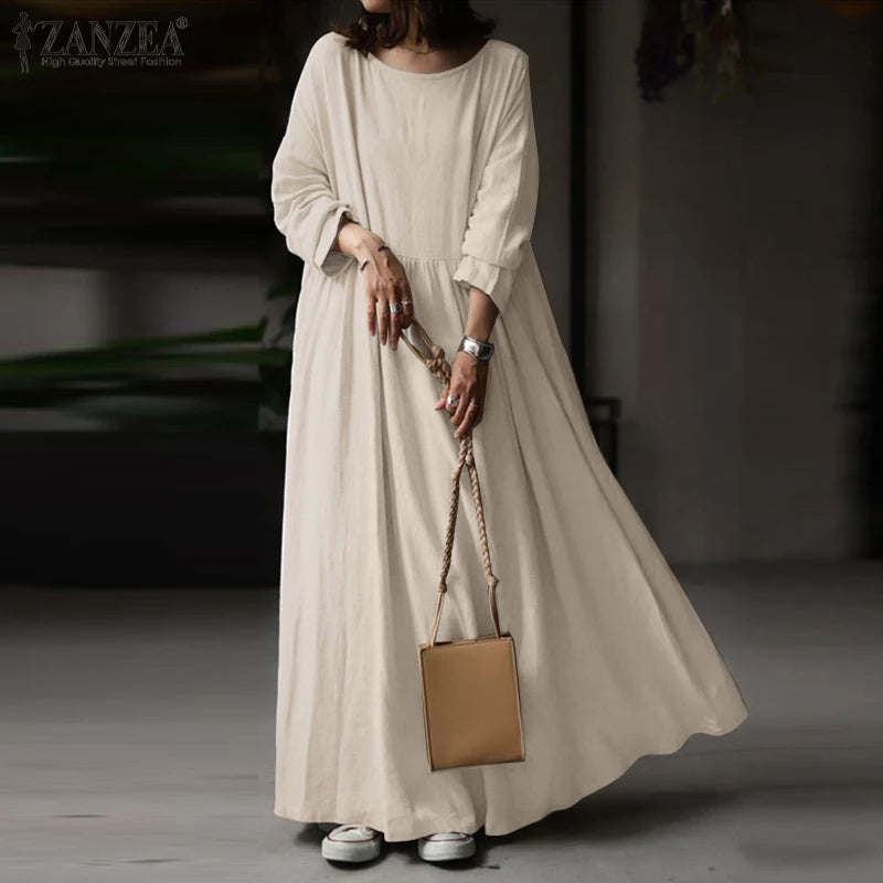 Autumn Women Sundress ZANZEA 2023 Vintage Solid Dresses Female Cotton Robe Casual Long Sleeve Pleated Maxi Vestidos Kaftan - Seprincess