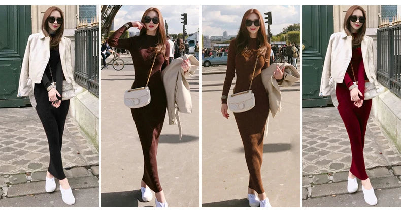 Winter Warm Slim Pullovers Sweater Dress Fashion Knitting Cotton Dress Women Long Sleeve O-neck Sheath Ankle-Length Dress - Seprincess