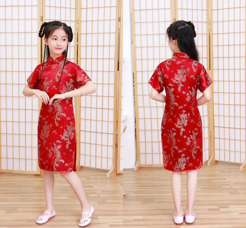 Lovely Girls Silky Satin cheongsam Dress Cute Princess Girls Dresses Kids Party Ball Gown Dress New Year cheongsam Clothing - Seprincess