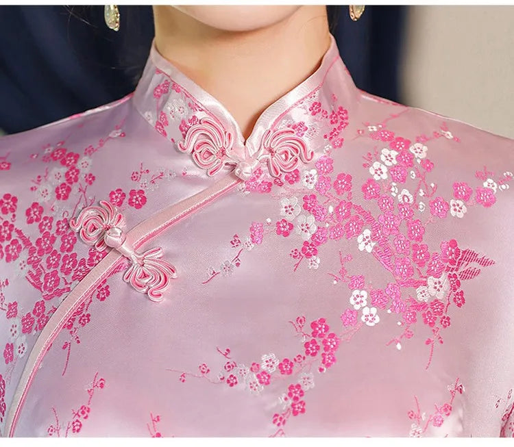 Elegant New Brocade Satin Long Fork Cheongsam Chinese Classic Women's Qipao Short Sleeve Sexy Wedding Evening Party Dress 4XL - Seprincess