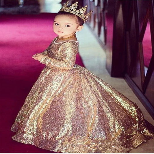 Gold Sequins Luxury Elegance Flower Girl Dresses For Party Long Sleeve Get Together Flower Girl Dress First Holy Communion Gown - Seprincess