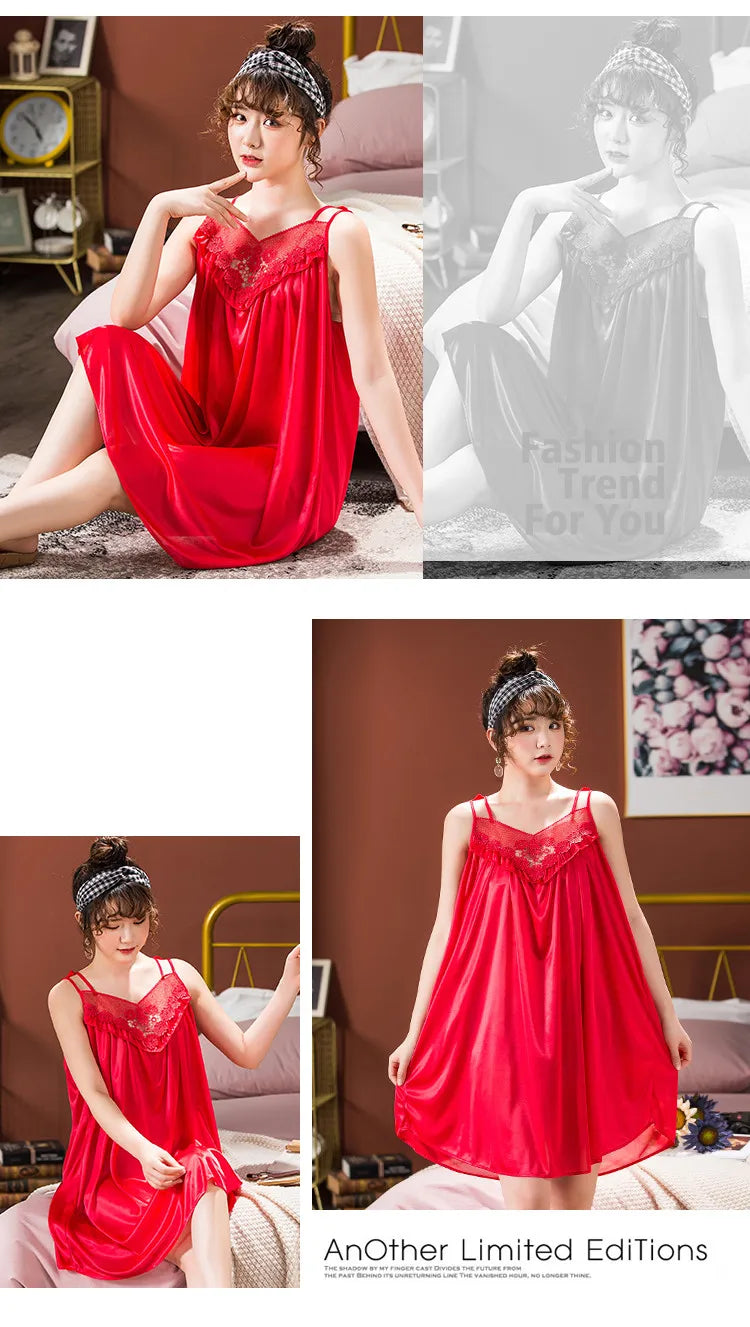 Ice Silk Nightgowns Sleeping Dress Women Summer Brides Wedding Silk Nightdress Female Nightie Sleepwear Bridesmaid Honeymoon - Seprincess