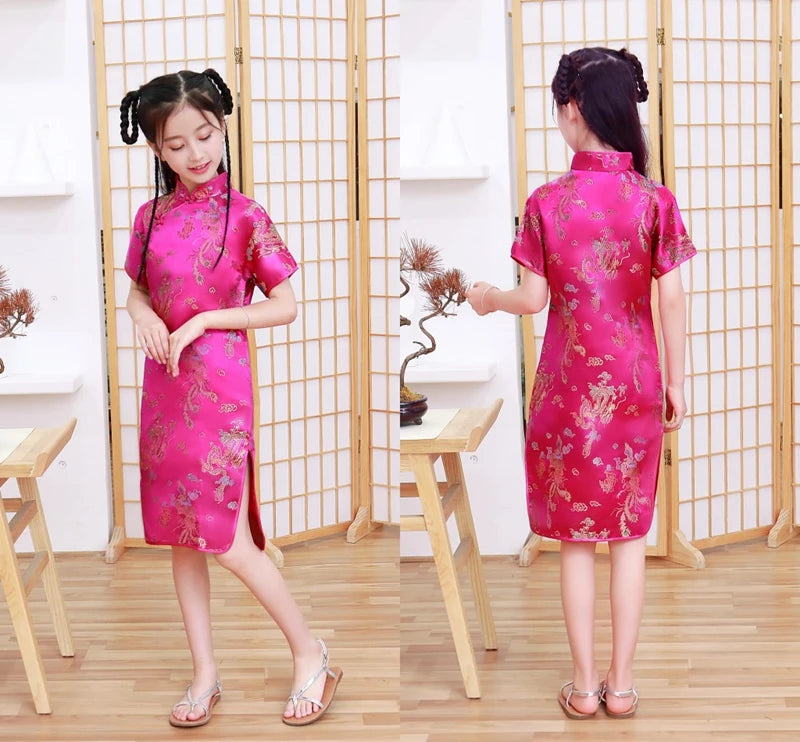 Lovely Girls Silky Satin cheongsam Dress Cute Princess Girls Dresses Kids Party Ball Gown Dress New Year cheongsam Clothing - Seprincess