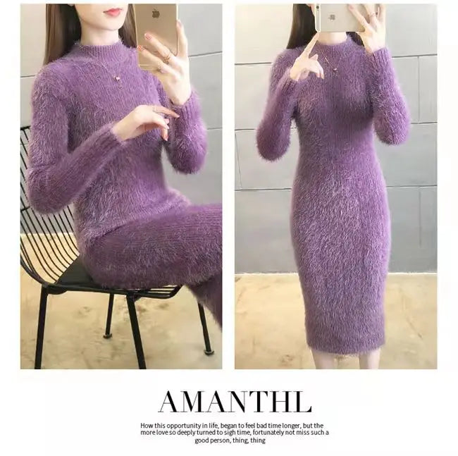 Women's Winter Clothing 2024 Imitation Mink Wool Thick Warm Turtleneck Sweater Dress Sheath Bodycon Dresses For Women Casual - Seprincess