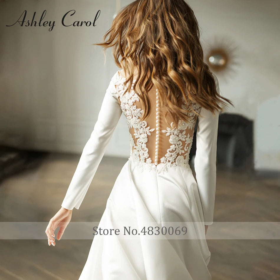 Ashley Carol Long Sleeve Wedding Dresses For Women 2024 Satin Beading Button Princess Sexy A-Line Wedding Gown Vestidos De Novia - Seprincess