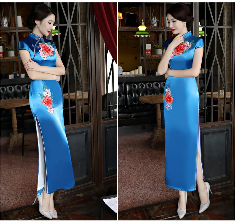 Classical Women Long Show Satin Chinese Dress Elegant Slim Embroidery Flower Qipao Cheongsam Retro Mandarin Collar Evening Gown