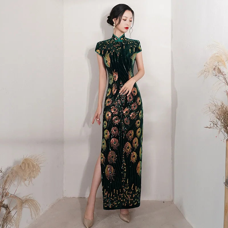 Elegant Lady Sequins Qipao Sexy Cheongsam Classic Mandarin Collar Chinese Dress Velvet Size 5XL Evening Party Vestidos - Seprincess