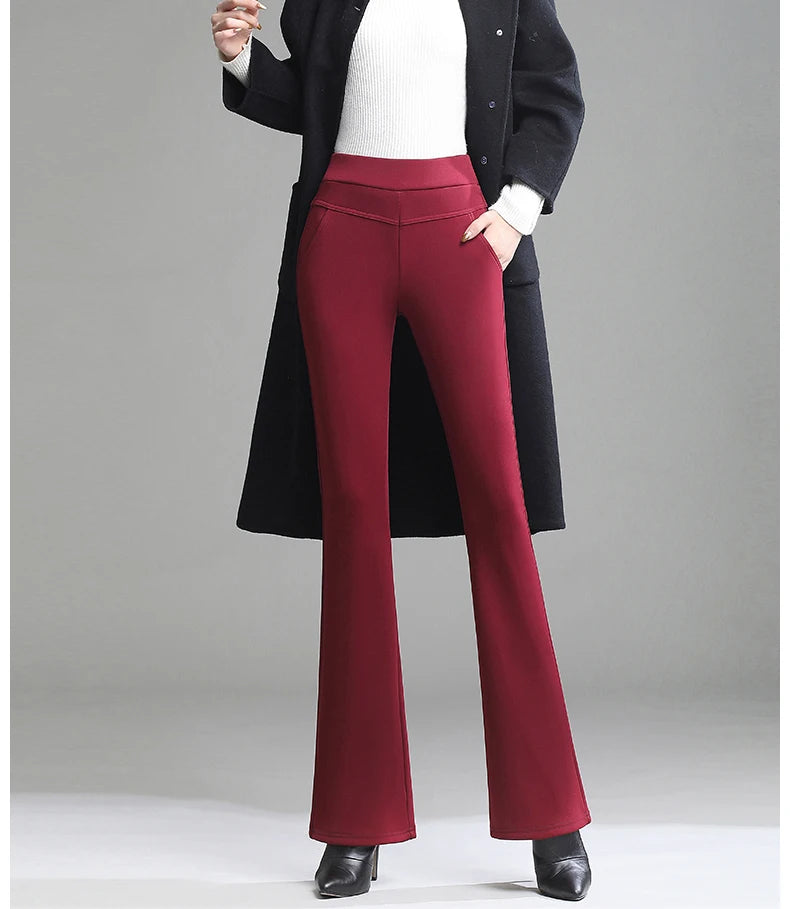 Warm Women Winter Flare Pants Thicken Fleece Trousers Female Black Blue Red High Waist Stretch Pants Warm Velvet Legging S-4XL