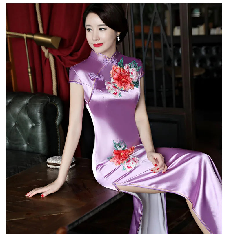 Classical Women Long Show Satin Chinese Dress Elegant Slim Embroidery Flower Qipao Cheongsam Retro Mandarin Collar Evening Gown - Seprincess