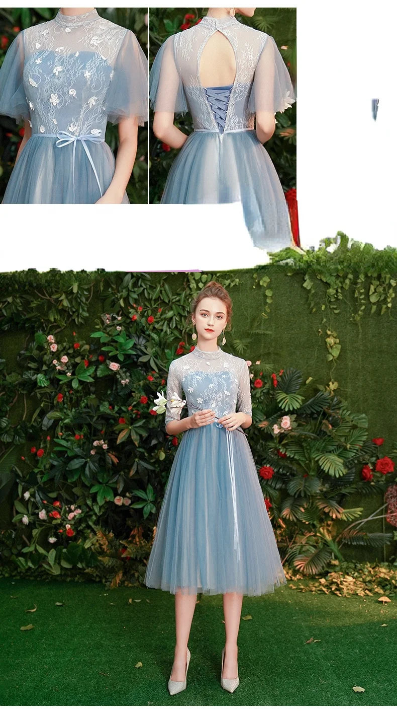 Gray Blue Bridesmaid Dresses For Women Elegant Half Sleeve Wedding Guest Dress Tulle Tea-Length Girl Vestido De Festa - Seprincess