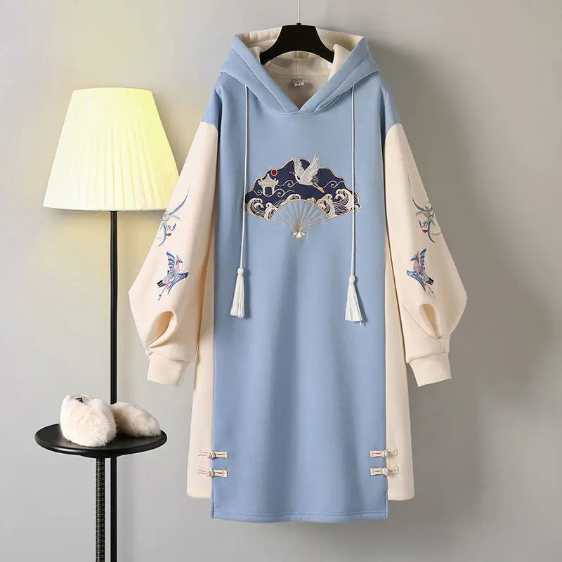 Winter Plus Size Dress Women's Chinese Traditional Style Hanfu Cheongsam Embroidered Tang Suit Hooded Sweatshirt Vestidos - Seprincess