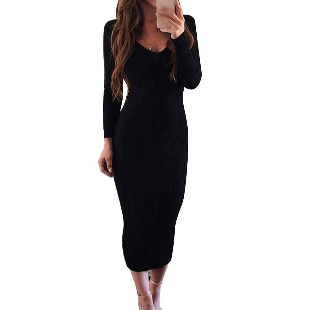 Sexy Women Dress Winter 2020 Knit Sweater Long Sleeve V Neck Backless Ribbed  Slim Knitted Midi Dress Sweater Dress Korean Dress - Seprincess