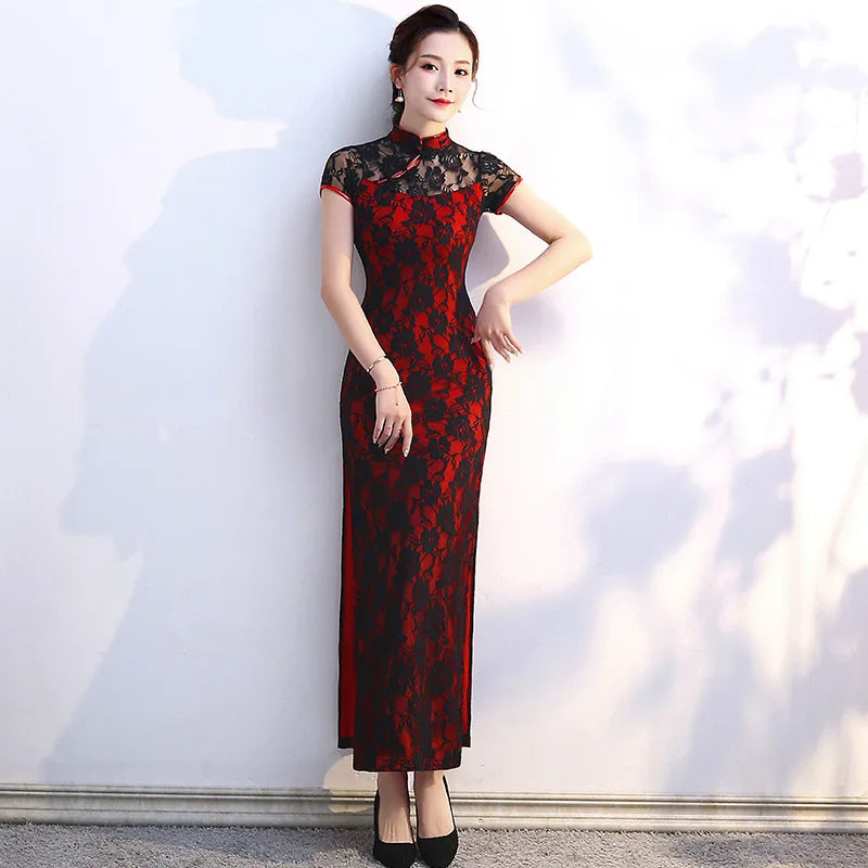 Lace Floral Perspective Collar Qipao Sexy Long Women Cheongsams Big Size 3XL 4XL 5XL Chinese Dress Grace Evening Party Vestidos - Seprincess