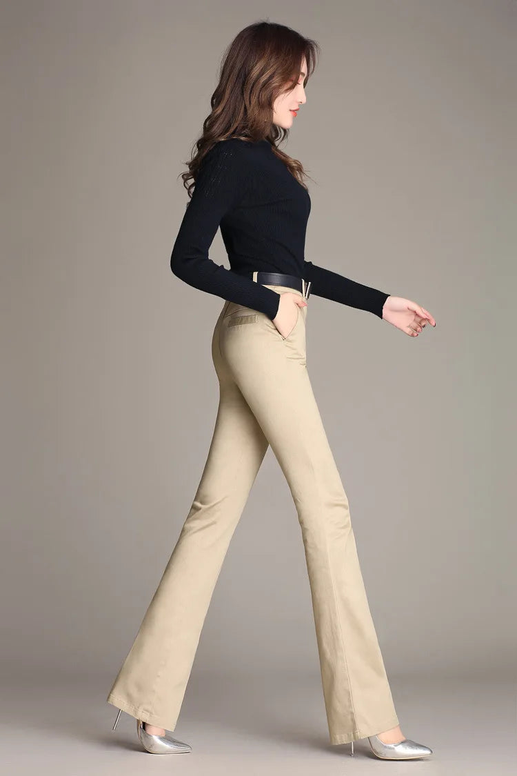 YUEY New Womens Spring Summer Trousers  Thin 100% Cotton Flared Pants Solid Color Casual Stretch S To 4XL Dropshiping