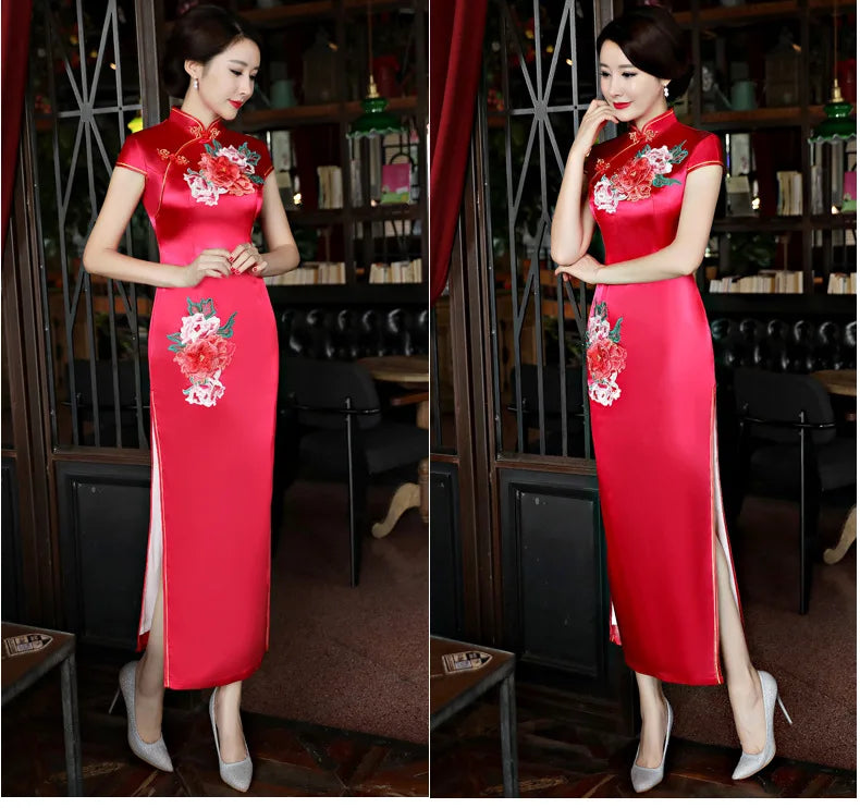 Classical Women Long Show Satin Chinese Dress Elegant Slim Embroidery Flower Qipao Cheongsam Retro Mandarin Collar Evening Gown - Seprincess