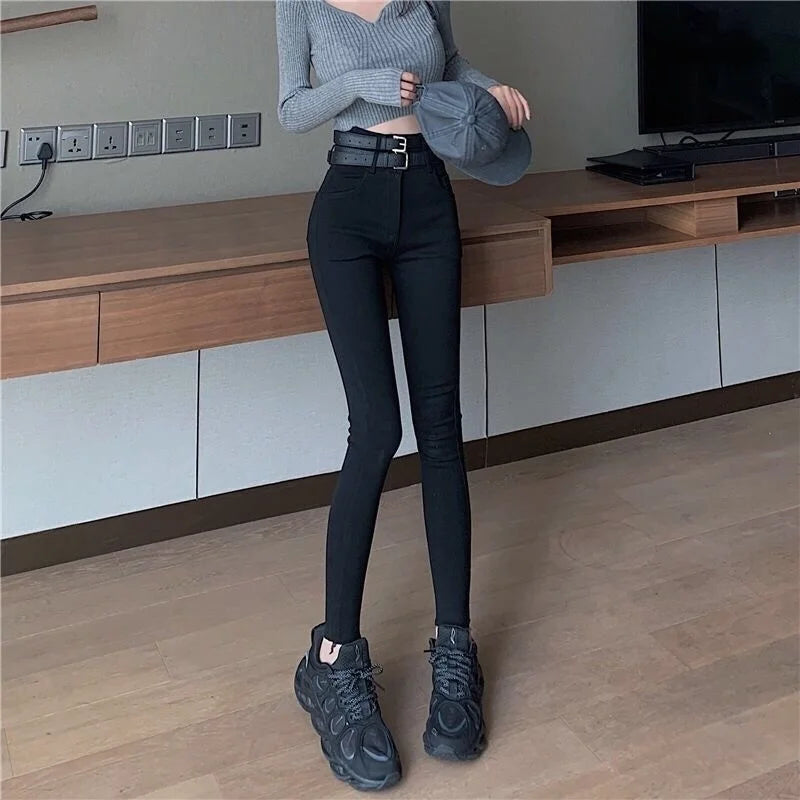 Woman Jeans Pants Black Ankle Tight Pencil Pants Autumn High Waist Tight Elastic Double Waist Head Pantalones Vaqueros Mujer