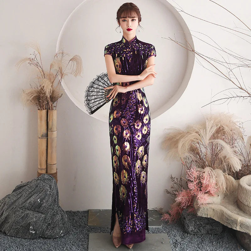 Oversize 4XL Velour Sequin Flower Cheongsam Women Slim Velvet Qipao Elegant Evening Party Dress Short Sleeve Vestidos - Seprincess