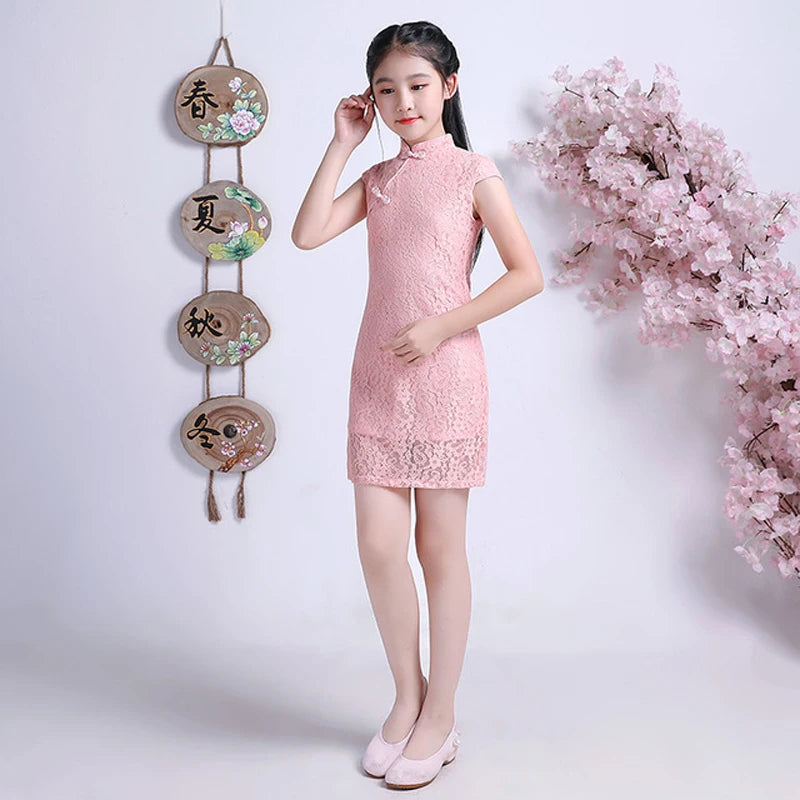 Summer Lovely Girls Short Sleeve Lace cheongsam Dress Cute Princess Girls Embroidery Dresses Kids Party Evening Wedding Dress - Seprincess