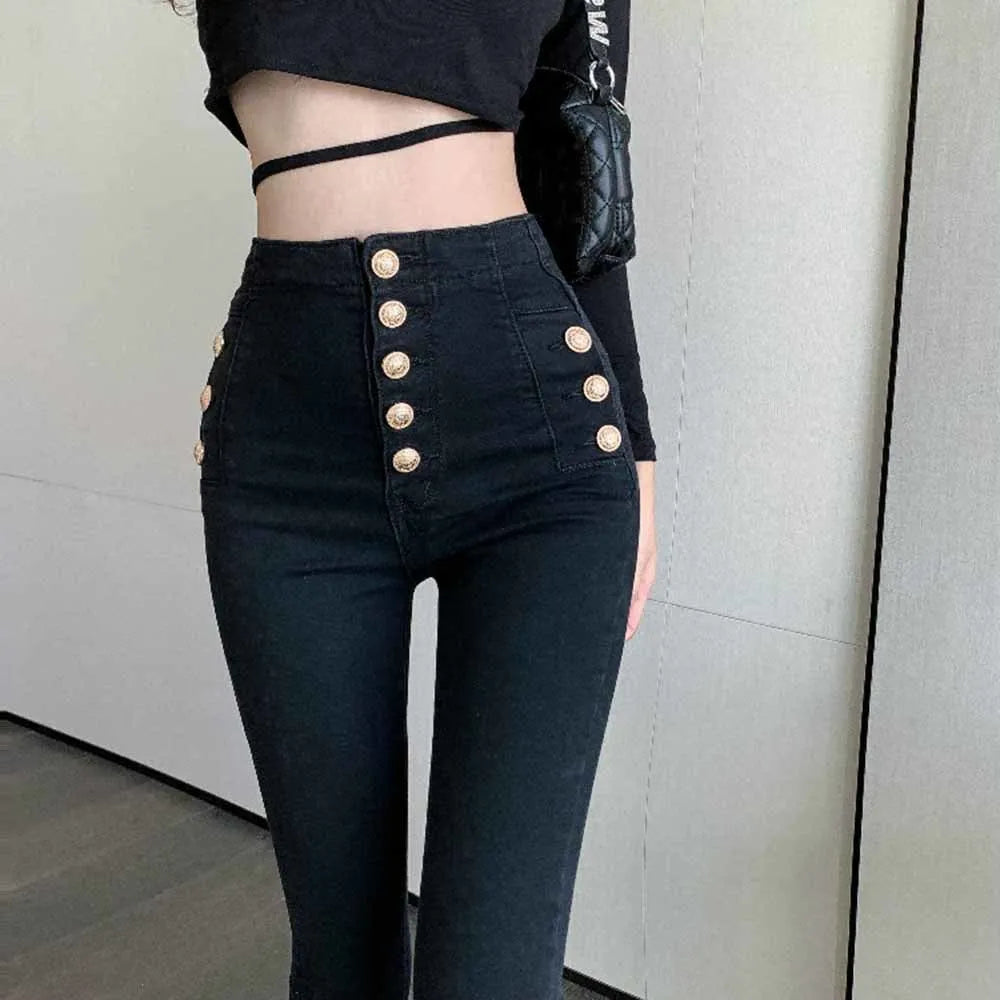 Spring Autumn Fashion High Waist Skinny Trousers Women's Casual Double Breasted Black Pencil Pants