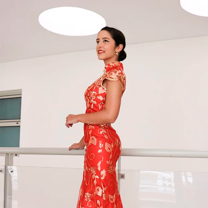 Female Long Short Sleeve Cheongsam Gold Sequin and Embroidery Chinese Traditional Dress Women Qipao Red Chinese Wedding Dress - Seprincess