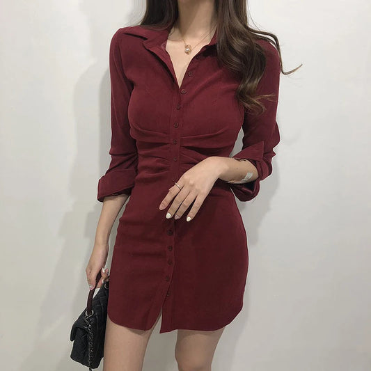 Dresses for Women French Retro Shirt Tight Bottoming Dress Female Autumn and Winter Slim Package Hip Single-breasted Pure Dress - Seprincess