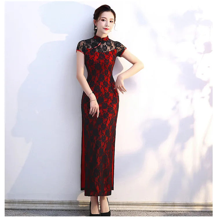 Lace Floral Perspective Collar Qipao Sexy Long Women Cheongsams Big Size 3XL 4XL 5XL Chinese Dress Grace Evening Party Vestidos - Seprincess