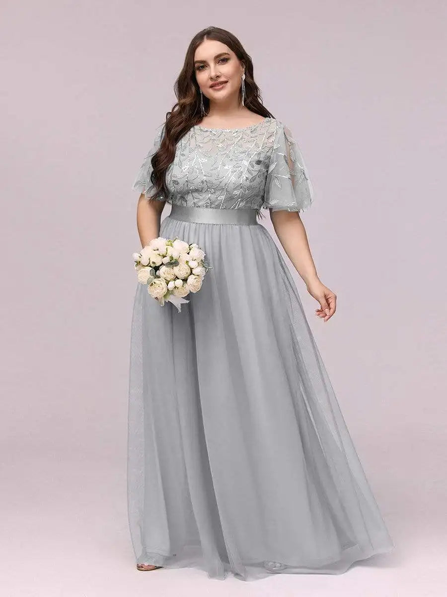 2023 NEW Plus Size Dress  Robe De Soiree Sparkle Evening Dresses Long A-Line O-Neck Short Sleeve LONG Formal Dresses - Seprincess