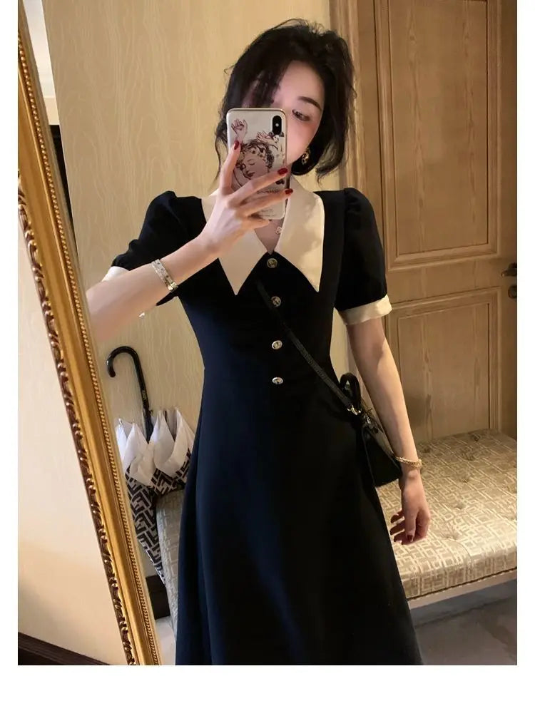 Short Sleeve Dresses Women Fashion Casual Harajuku Design French Vintage BF Hepburn Tender Slim Button Breathable All-match Fit - Seprincess