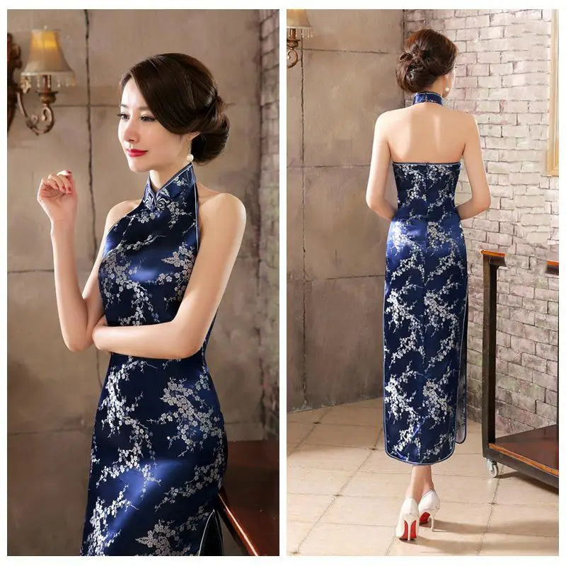 Navy Blue Mandarin Collar Women Chinese Dress Backless Long Satin Qipao Vintage Button Sexy Cheongsam Novelty Stage Show Clothes - Seprincess