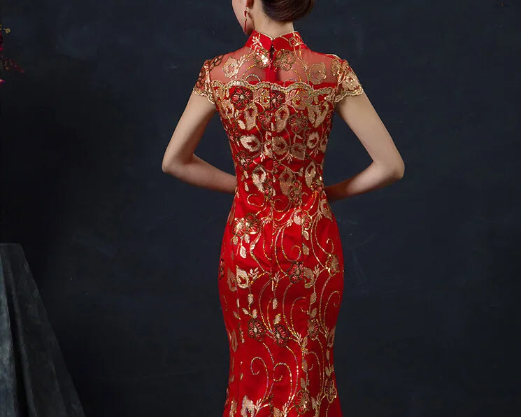 Female Long Short Sleeve Cheongsam Gold Sequin and Embroidery Chinese Traditional Dress Women Qipao Red Chinese Wedding Dress - Seprincess