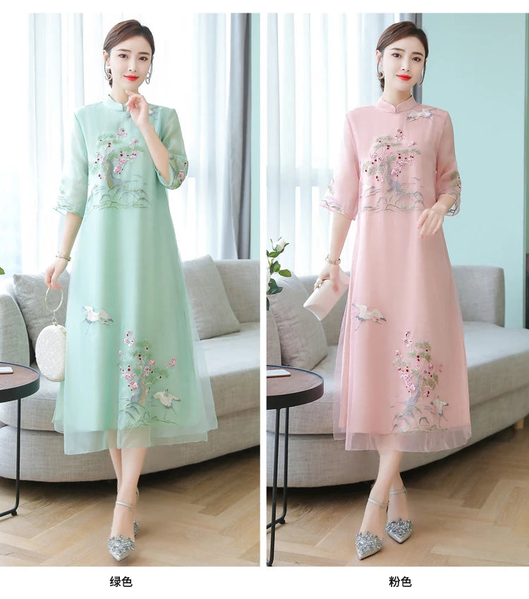 Chinese Styles Vintage Women Hanfu Midi Qipao Dresses China Traditional Elegant Cheongsam Tang Suit New Robe Orientale Clothing - Seprincess