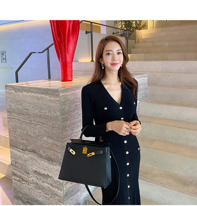 Vintage Korean Maxi Dresses for Women Party Long Sleeve V-neck Mermaid Dress Elegant Fashion Ladies Vestidos Femme Autumn 2023 - Seprincess