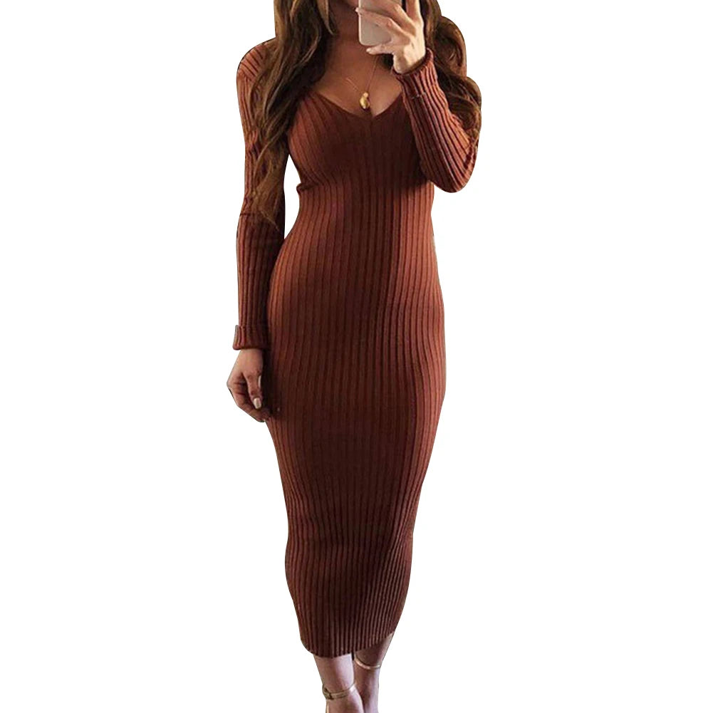 Sexy Women Dress Winter 2020 Knit Sweater Long Sleeve V Neck Backless Ribbed  Slim Knitted Midi Dress Sweater Dress Korean Dress - Seprincess