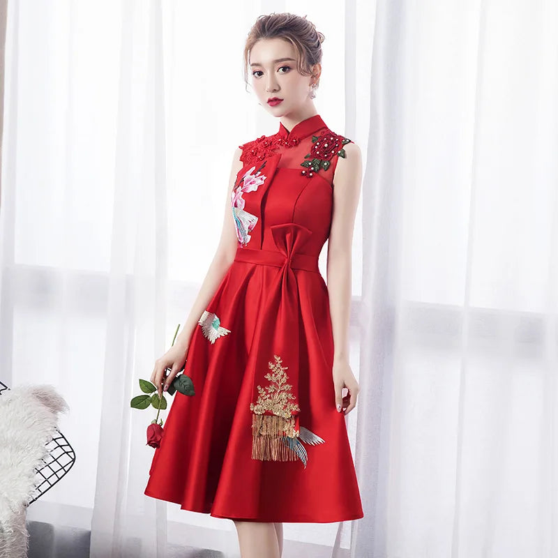 Buegundy Embroidery Oriental Style Banquet Dresses Chinese Vintage Traditional Wedding Cheongsam Elegant Evening Party Gowns - Seprincess