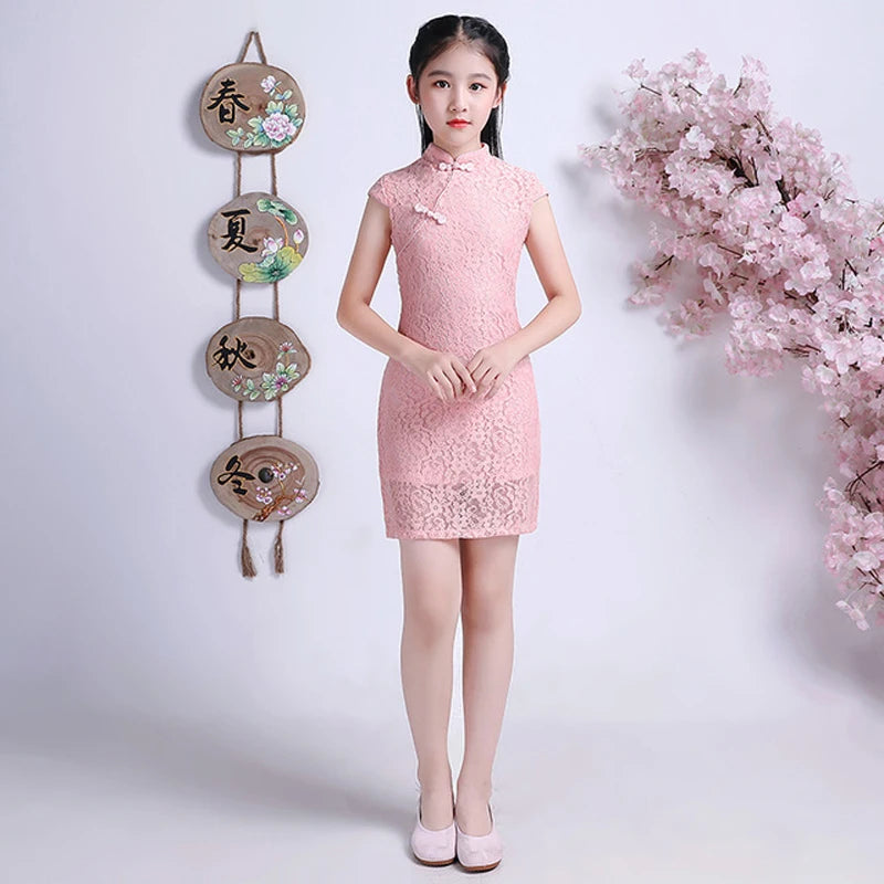 Summer Lovely Girls Short Sleeve Lace cheongsam Dress Cute Princess Girls Embroidery Dresses Kids Party Evening Wedding Dress - Seprincess