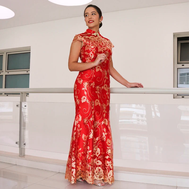 Female Long Short Sleeve Cheongsam Gold Sequin and Embroidery Chinese Traditional Dress Women Qipao Red Chinese Wedding Dress - Seprincess