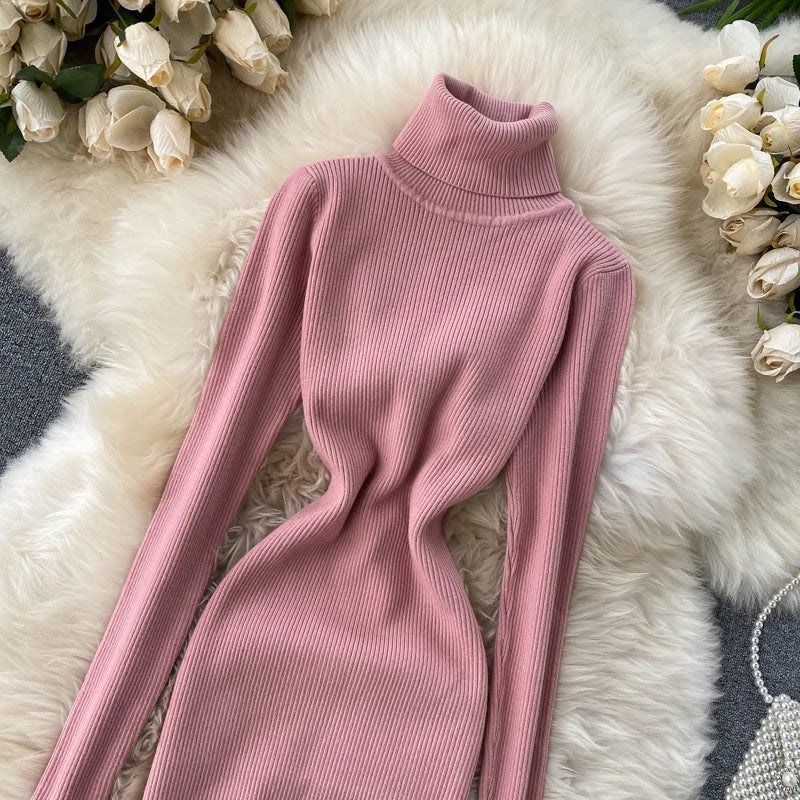 Dresses for Women 2022 Sexy Turtleneck Knitted Bodycon Dress Women Autumn Winter Long Sleeve Sweater Dress - Seprincess