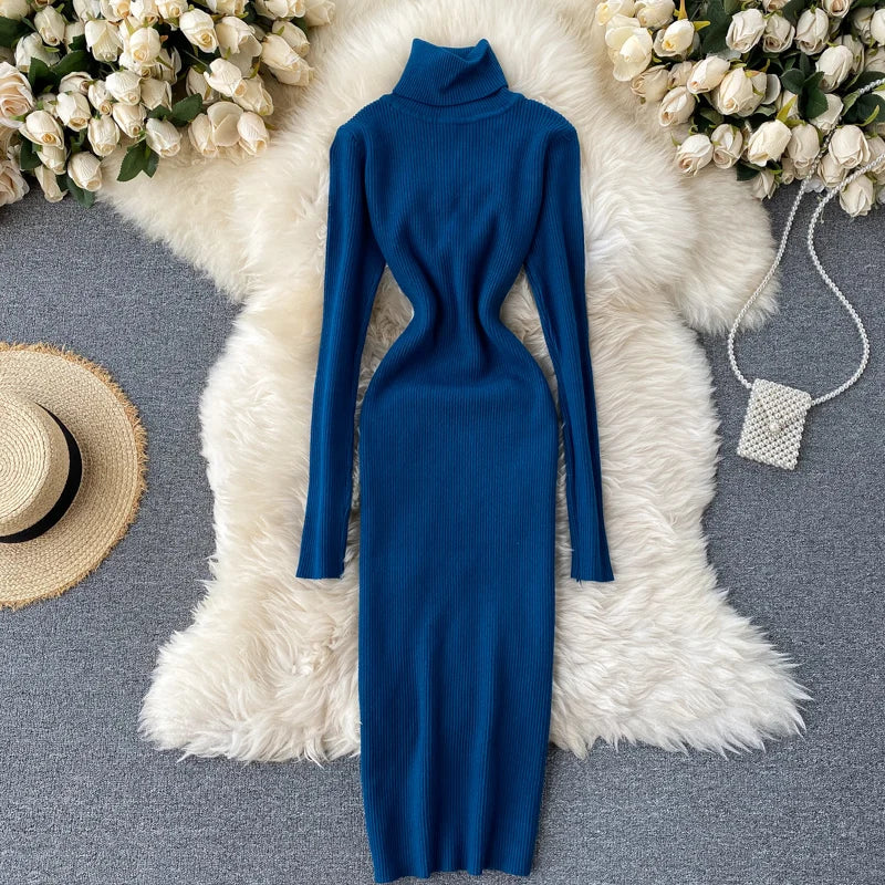 Dresses for Women 2022 Sexy Turtleneck Knitted Bodycon Dress Women Autumn Winter Long Sleeve Sweater Dress - Seprincess