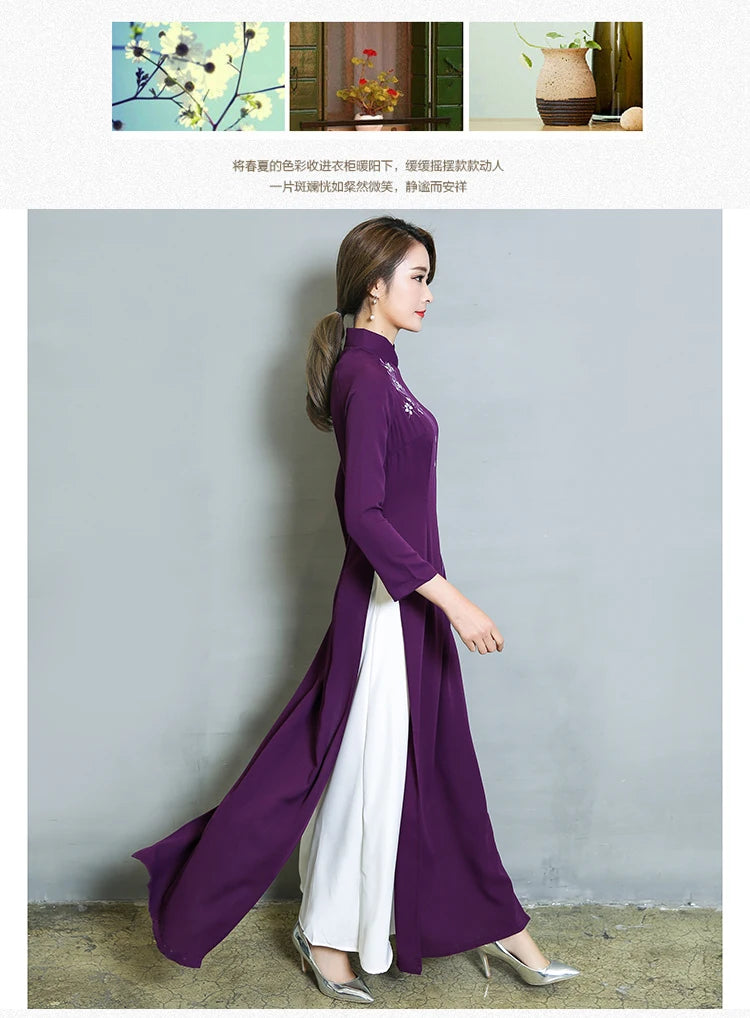 Vietnam Ao Dai Patchwork Tight Dress for Woman Chinese Traditional Costumes Qipao Cheongsams Flower Female Oriental Outfits - Seprincess