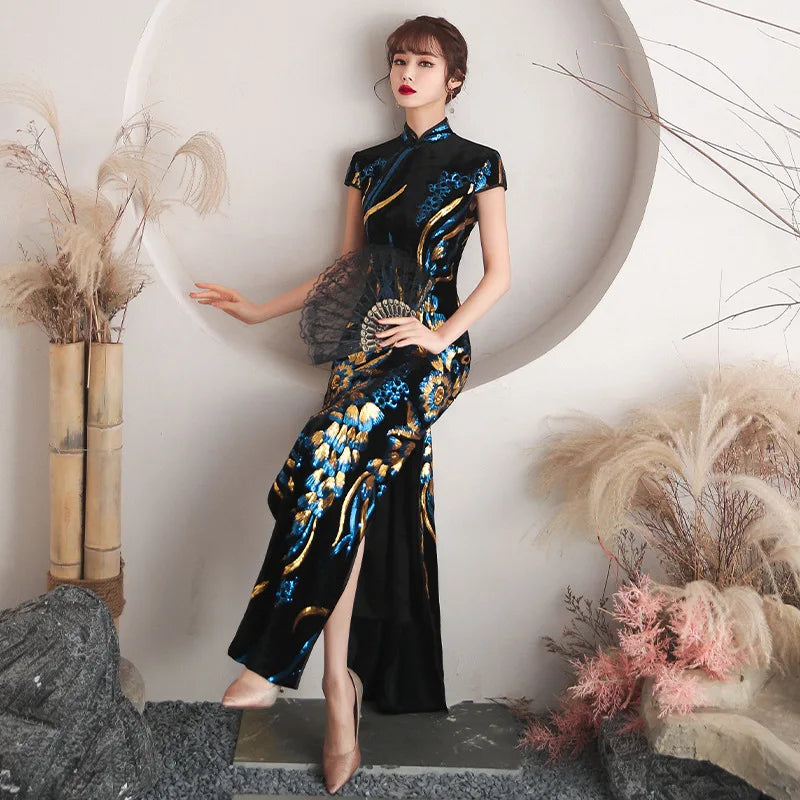 Oversize 4XL Velour Sequin Flower Cheongsam Women Slim Velvet Qipao Elegant Evening Party Dress Short Sleeve Vestidos - Seprincess