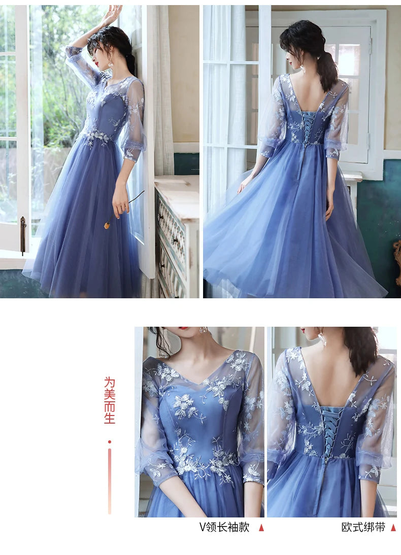 Grey Blue Prom Dress Party Princess Appliques Lace Up Wedding Party Prom Cocktail Dresses For Women Formal Gowns