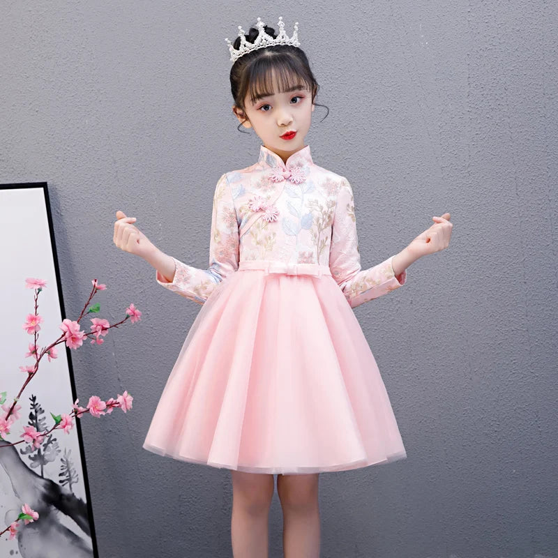 Cute Flower Girls Dresses Kids Chinese Embroidery Lace Cheongsam Dress Baby Girls Elegant Traditional Chinese New Year Dress - Seprincess