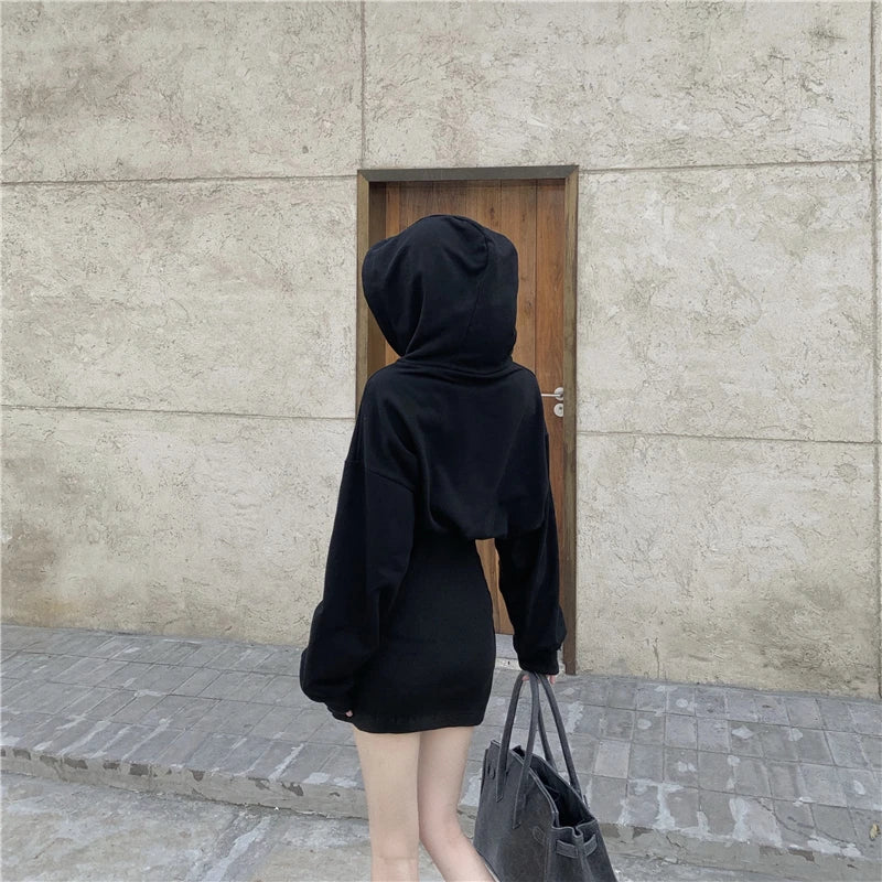 Hoodies Sweatshirt Knitted Dress Mini Black Long Sleeve Cotton Winter Vestido Corto Casual Korean Harajuku Fall 2020 Robe Femme - Seprincess