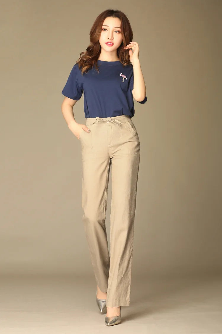 Women Drawstring Casual Cotton Linen Pants Solid White Black Khaki Breathable Summer Thin Straight Leg Loose Trousers S 4XL